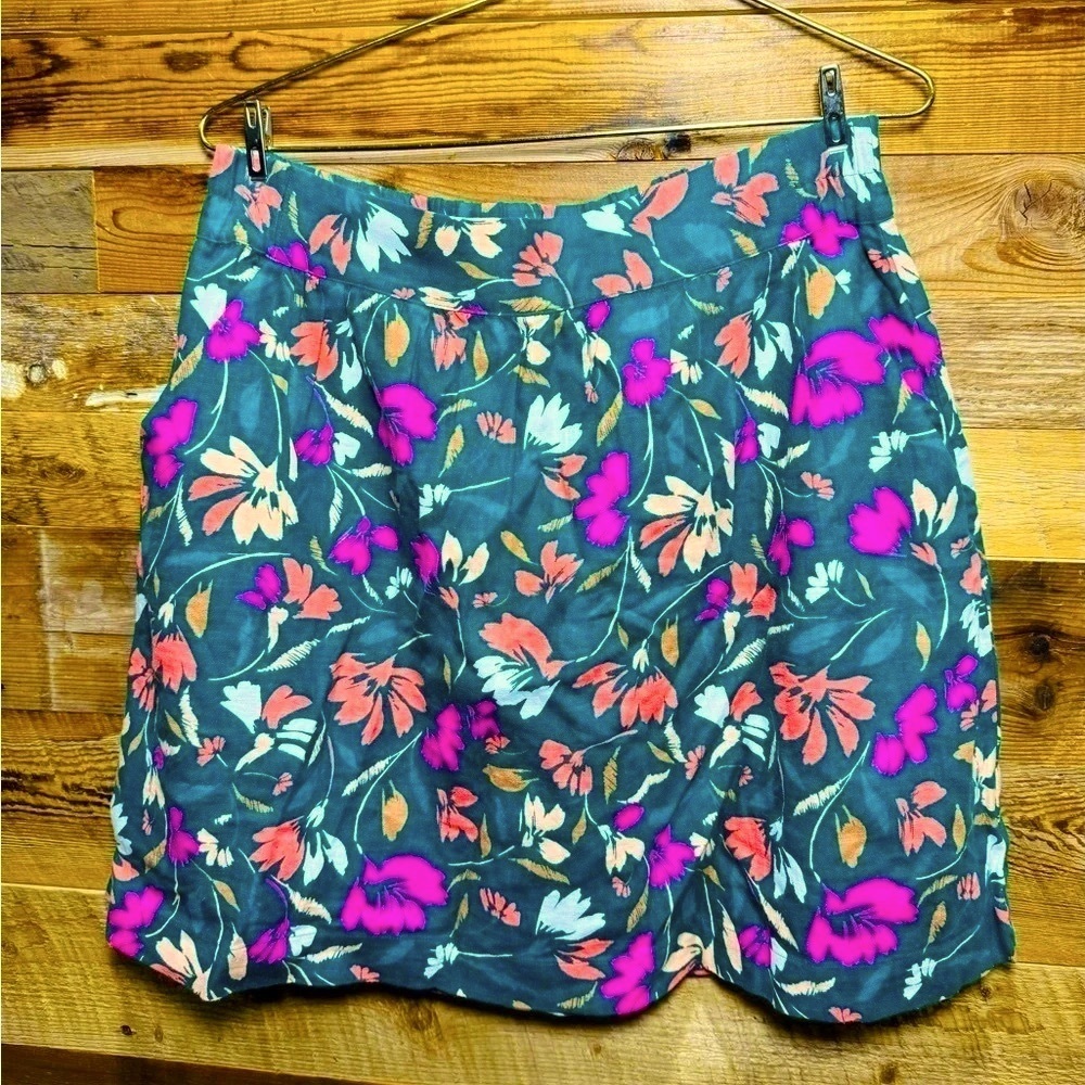 Loft linen blend floral Mini Skirt pockets festival office boho street flare M